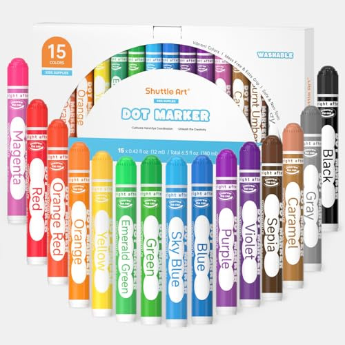 Shuttle Art Dot Marqueur à Point Lavable,15 Couleurs Dot Marker, Feutre Enfant Non Toxique, Bingo Dabber pour Création, Activité Créative pour Enfants Education Précoce