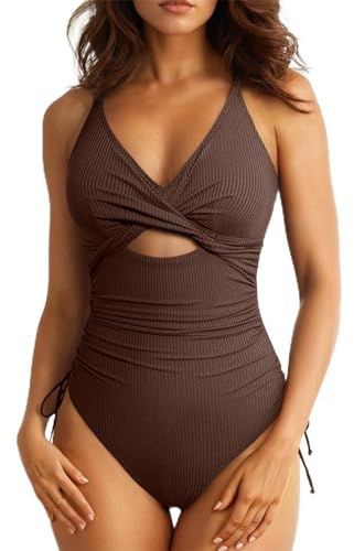Aleumdr Tummy Control One Piece Swimsuit for Women Sexy V Neck High Cut Bathing Suit Cutout Tie Side Monokini Brown Medium