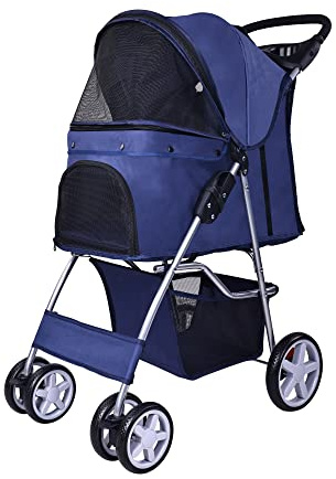 Elevon Pet Stroller, 4 Wheels Multifunction Dog Cat Stroller, Folding Portable Travel Stroller with Detachable Carrier, Suitable for Medium Small Dogs Cats, Blue