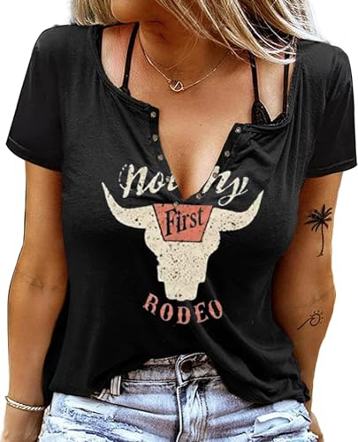 Sxkayxr V-hals T-shirts för kvinnor 2025 landskonsert cowgirlkläder för kvinnor söta sommartoppar grafiska t-shirts t-shirts, A Rodeo svart, XXL