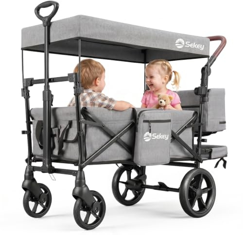 Sekey rullvagn, vikbar med tak, barnvagn med XXL PU-hjul (Ø 24/20 cm) för 1–2 barn, fjädring och kullager, vadderad och bekväm, glid- och draghandtag, SS8080, grå