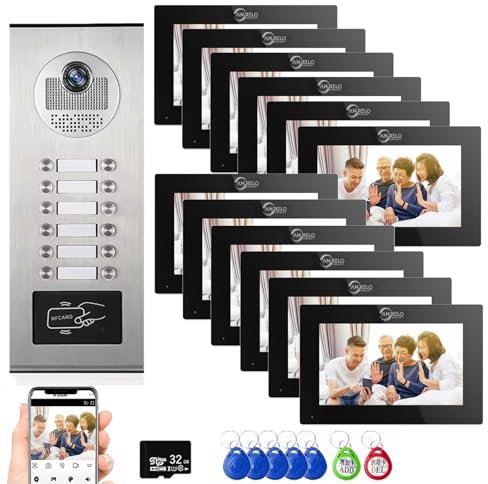 Wired Video Apartment Intercom System,1080P Video Doorbell,6 Units 7 inch Touch Monitor Video Door Phone Indoor Outdoor Kit,Motion Detect, 2 Way Audio, 6-Screen for Home Tuya (1 Doorbell+ 12 Monitor)