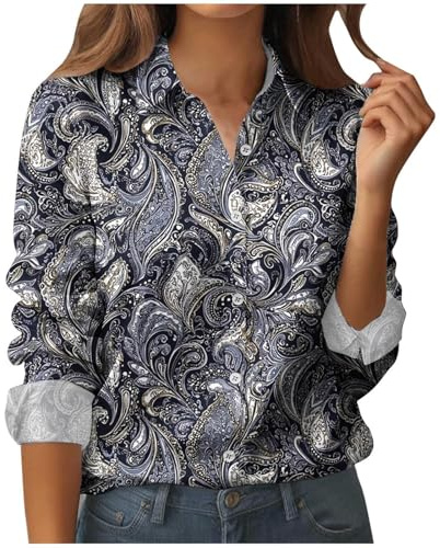 SYDUZAX Long Sleeve Shirts for Women UK Button Down Shirts Floral Retro Print Loose Fit Roll Up Long Sleeve Tunic Top Collar Business Casual Blouse Ladies Tops Spring Fall Clothes for Work Office