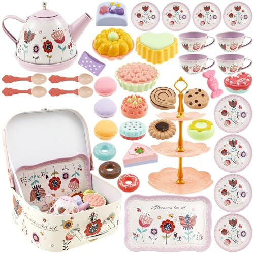 Tea Party Set for Little Girls, 46pcs Kids Tin Teas Set with Teapot, Tea Cups, Food Playset & Carrying Case, Kitchen Accessories for Girls Age 3+