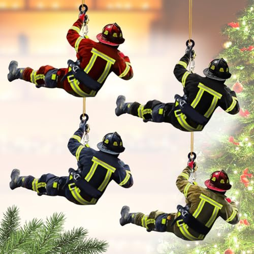 4 Stück Weihnachtsbaum Feuerwehrmann Acryl Ornamente, Feuerwehrmann Weihnachten Deko, Feuerwehrmann Weihnachtsschmuck Anhänger für Wandfenster, Baum, Auto-Rückspiegel-Zubehör