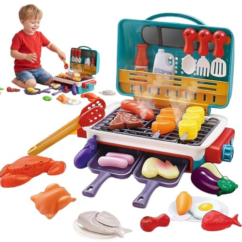Kids BBQ Grill Toy - Barbecue Grill Toy Set,35PcsMagic Meals Kids Sensory Kitchen BBQ,Kitchen Toy Set with Spray Sound & Color-Changing Food,Play Kitchen Accessories,Gift for Girls and Boys (A)