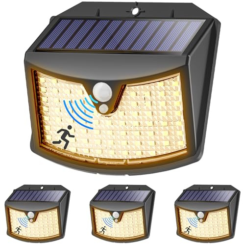 Giliwosy Luce Solare Led Esterno, 3 Modos IP65 Impermeabile Faretto LED da Esterno con Sensore di Movimento, Lampada Solare da Esterno per Giardino, Parete, Garage (4 Pezzi Bianco Caldo)