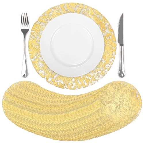 comfoyar Juego de 100 Manteles Individuales Redondo Desechables Oro, 33cm Salvamanteles Individuales de Manteles Metálicos con Malla Metálica Prensada para Comidas Bodas Cumpleaños Decoración