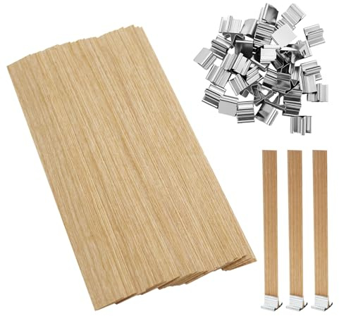 Lot de 40 bougies en bois Meche avec 40 bases en métal, 13 mm x 130 mm, Mèche de bougie en bois trimmable pour la fabrication de bougies parfumées, Meches accessoires
