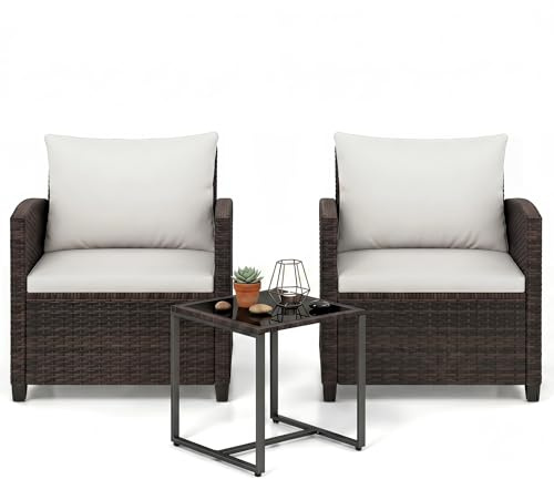 GIANTEX Juego de Muebles Jardín Exterior 3 Piezas, 2 Sillones con Cojines y 1 Mesa de Café de Vidrio, para 2 Personas, Conjunto de Conversación para Balcón, Terraza, Patio (Marrón+Beige)