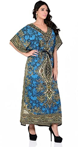 Art Of Creation Women Kaftan Dress Tunic Long Maxi Plus Size Night Gown Beach Cover Up Top Color-Teal Blue Tunic Kimono