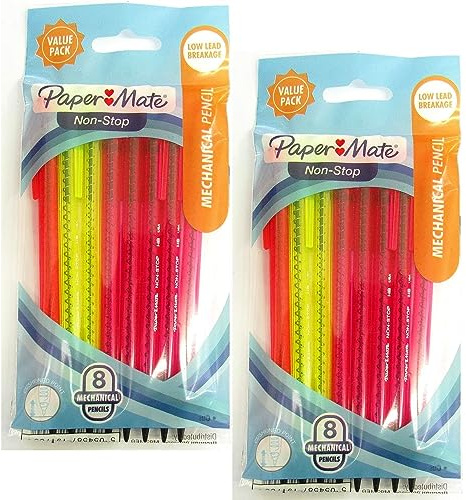 Paper Mate Non-Stop Mechanical Pencil 0.7mm With Eraser - HB #2 - Original Clear Neon Barrels - Pack of 16