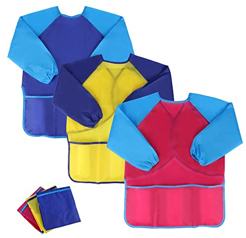 YiliYa 3 pcs Blouse Peinture Enfant, Tablier de Peinture Imperméable Blouse de Peinture pour Enfant Manche Longue,pour Peinture,Cuisine, Coloriage,Nourrissage （2-8 ans）
