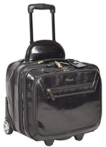House of Luggage Real Leather Pilot Case Travel Laptop Bag on Wheels Telescopic Handle HLG151 (Black)