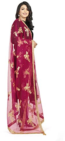 London Scarfs Net Dupatta with Gold Embroidery and Tassels Traditional Dupatta Party Wear All Ceremonies and Occasions (Hot Pink)
