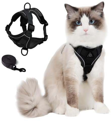 Skmeditec Cat Harness and Leash Set: Upgraded Escape Proof Vest with Lead for Large Cat Small Dog Puppy Walking, Soft Jacket Reflective Strips, Black (L)