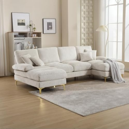 Moderno grande tessuto ciniglia a forma di U Combinazione Divano con doppia sedia Toffee e memory foam 272x136x88cm Mobili spaziosi (ciniglia, beige)