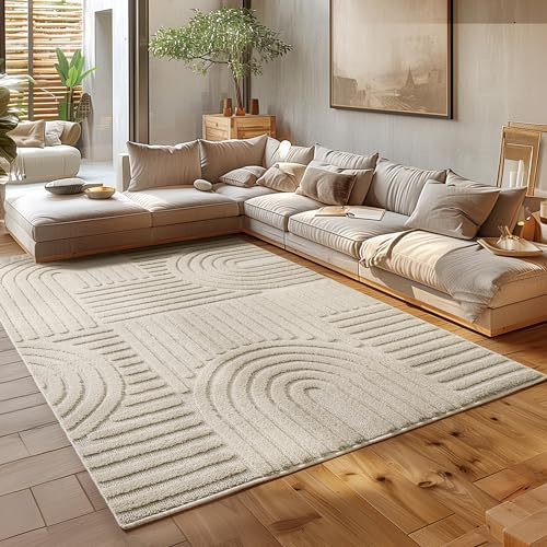 HomebyHome Kurzflor Teppich 240 x 340 cm Beige - Hoch-Tief 3D Effekt, Waschbar, Flauschig und Extra Weich - Skandinavisch Boho Muster für Wohnzimmer, Schlafzimmer, Esszimmer und Küche