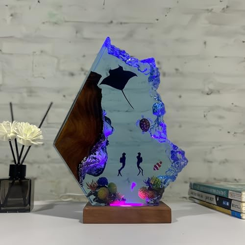 Drawelry 3D Epoxidharz Ozeanfigur Ornamente mit Holzsockel, LED Buntes Nachtlicht, Harz Ozean Tier Statue Hai Wale Pinguin Oktopus Figuren Skulptur Kunsthandwerk Mini Meere Aquarium Dekoration (B8, S)