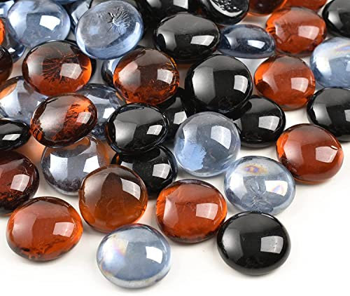 DQZRTUECA Guijarros de vidrio de colores variados, piedras de relleno for jarrones, guijarros de vidrio, guijarros de vidrio redondos de 450 g, mesa de canicas de piedra plana(Black and Amber)