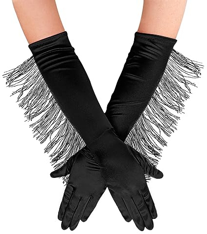 Women Ladies Long Satin Tassel Gloves Bridal Wedding Prom Fringe Elbow Length Gloves Opera Fancy Dress Hand Mittens Carnival Evening Party Costumes Handwear Gloves for Rave Halloween Dance Ascot