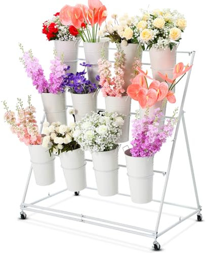 Ninehaoou Flower Plant Display Stand with Buckets 43 Inch Tall 3 Layers Metal Stand Cart Holder Moving Florist Bouquet Shelf for Fresh Flower Bar Shop Decor Patio Garden Outdoor Pop-up Events(White)