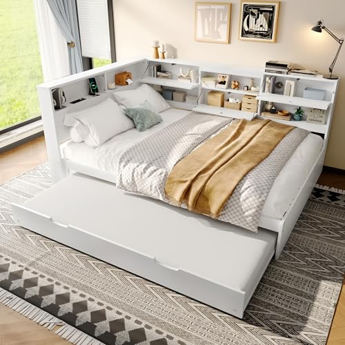 RIAZOS Kinderbett 140x200 cm, Doppelbett mit Ausziehbett, USB Regale Staufach, Lattenrost, Holzbett, Stauraumbett, Multifunctionsbett, für Erwachsene und Jugendliche, Weiß, ohne Matratze