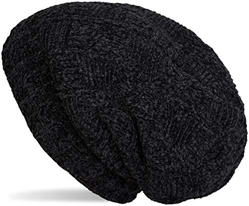 styleBREAKER Bonnet Mou en Maille en Fil Chenille avec Motif tressé à Effet Damier et Doublure en Polaire, Unisexe 04024159, Couleur:Noir