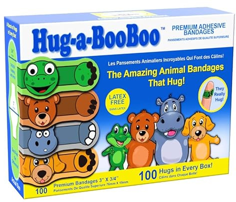 Super Fun Kids Bandages by Hug-a-BooBoo! The Amazing Animal Bandages that Hug! Children’s Favorite Stuffed Animal Designs – Hippo, Puppy, Teddy Bear & Frog! Family Bulk Pack Assortment -100ct Box