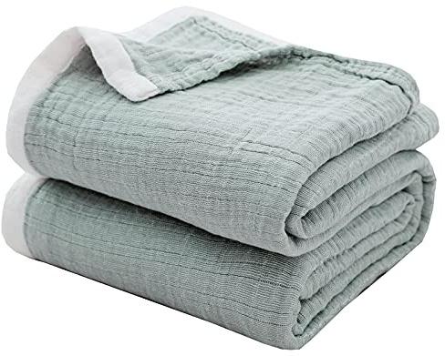 SE SOFTEXLY Cotton Muslin Blankets 4-Layer Linen Texture Blankets for Bed Couch,Thermal Blanket for Adults Lightweight Soft Breathable Throw Blanket for All Season Gauze Blanket(50x60,Sage Green)