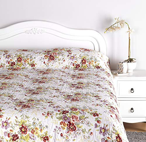 Diana Cowpe English Floral Quilted Bed Throw/Bedspread | Lightweight All-Seasons Blanket | Beautiful Rose & Flowers Boutique DesignDesign (Double)