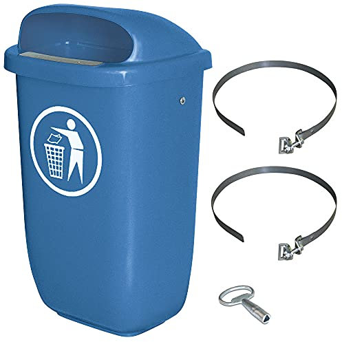 BRB Abfallbehälter für den Außenbereich, Inhalt 50 Liter, nach DIN 30713, im Komplettset mit Schellenband zur Pfahlbefestigung (blau)