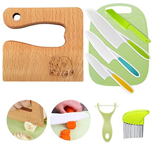 Goodchef Lot de 8 couteaux de cuisine, pour couper et cuisiner des fruits ou des légumes pour les tout-petits, comprenant un couteau en bois, une planche à découper et un éplucheur (chariot à bœufs)