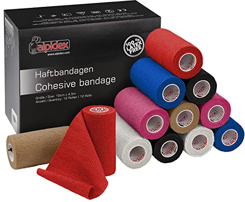 ALPIDEX 12 Rotoli Benda Adesiva 10 cm x 4,5 m Molti Colori Bendaggio Coesivo Fasciatura Personi Animali Garza Elastica Autoadesivo Cavalli Cani Umani, Colore:misto