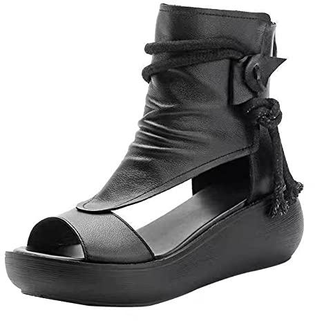 CRETUAO Sandalias Cuero con Parte Superior Alta para Mujer, Plataforma Bota con Punta Abierta y Boca pez Informal Vintage, Sandalias con cuña Gruesa Zapatos Playa Estilo Romano,Negro,37 EU
