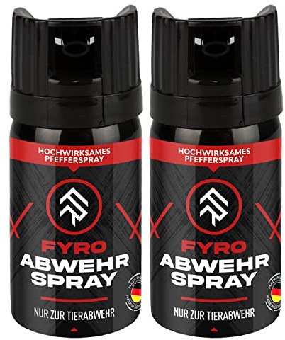 FYRO Pfefferspray zur Selbstverteidigung 2er Pack | KO Spray | Abwehrspray | Jet - Fog Sprühstrahl | 4 Meter Reichweite | Verteidigungsspray zur Tierabwehr | Hundeabwehr | 40 ml