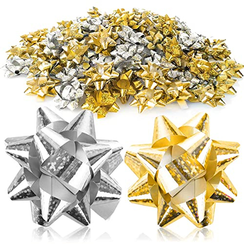 Jonami 100x Fiocchi Regalo Piccoli Fiocchi Decorativi Autoadesivi - Fiocco Pronto per Natale, Compleanno e Matrimonio, Ø 5 cm, Olografici Oro e Argento