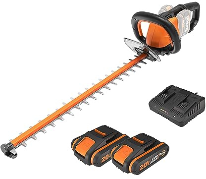 WORX WG284E.1 Akku Heckenschere 40V (2X20V) -60cm Dual Schnittklingen für sauber und gleichmäßige Schnitte - 27mm Zahnabstand - leicht & stabil - Handschutz - inkl. 2x2Ah Akkus & Dualladegerät