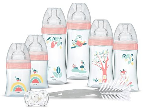 Dodie Kit Naissance - 6 Biberons Anti-Colique Tétines Plates (2x150 mL, 2x270 mL, 2x330 mL), 1 Sucette Anatomique 0-2 Mois, 1 Goupillon - Sans BPA - Rose