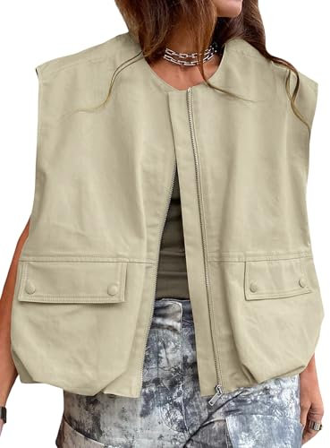 Acrawnni Übergroße Cargo-Weste für Damen, lässig, ärmellos, lockere Passform, durchgehender Reißverschluss, gerüschter Saum, Blazer, Weste, Tops mit Taschen, A-Kaki, M