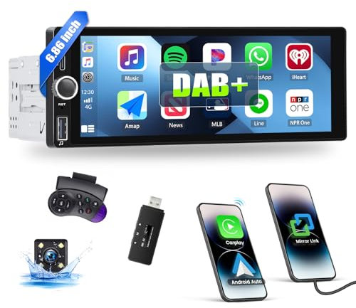 Dab+ 1 Din Android 13 Autoradio mit Carplay & Android Auto, MP5-Player, 6,86 Zoll HD-Touchscreen Tempered-Glass-Radio mit Bluetooth, FM/RDS, SWC EQ, MirrorLink+Rückfahrkamera&Mic