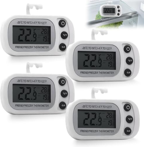 4 Stück Kühlschrank Thermometer, Digitale Gefrierschrank Thermometer mit Haken, Wasserdicht Gefrierschrank, Max Mini Rekord Funktion, für Kühlschrank, für Lnnen und Außen