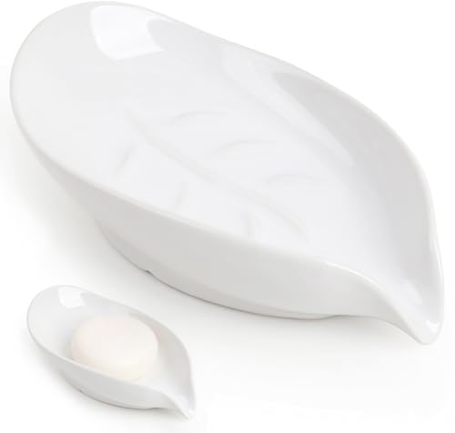 ANTIS'S HOME Leaf-Shaped Ceramic Soap Dish – White Porcelain Soap Holder for Bathroom & Kitchen, Non-Slip, Water Drainage