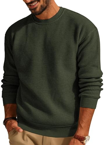 QUNERY Maglione Girocollo da Uomo Pullover Autunno Invernale Maglia Waffle Lavorato Maglioni Casual Manica Lunga Verde Militare L