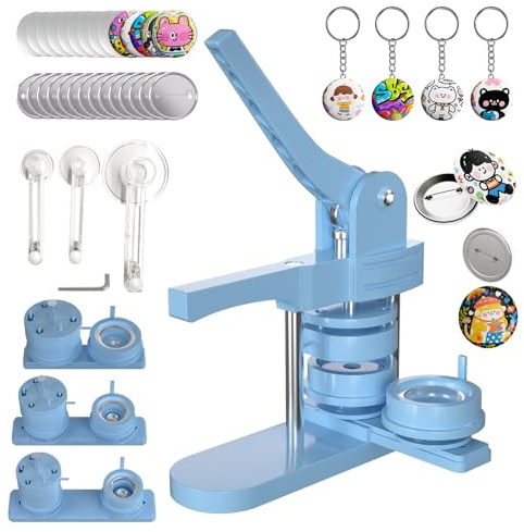 Pin Maker, Button Maker Machine Multiple Sizes (1''/1.25''/2.25'') with 300 Buttons, 30 Fridge Magnets, 10 Bottle Openers, 10 Keychains, 3 Circle Cutters, Button Badge (Lightblue, 353 Pcs)