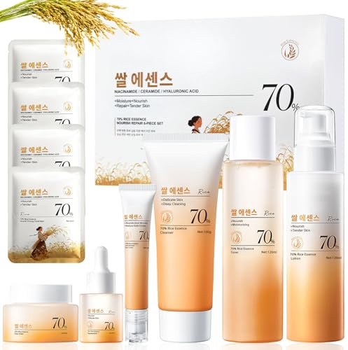 10 Stück Reis Korean Skincare Set, Beauty Set, Gesichtspflege Set Damen, Enthält Gesichtsreinigung, Gesichtscreme, Serum Gesicht, Rice Toner, Moisturizer Face, Augencreme, Verbessert Hautstruktur