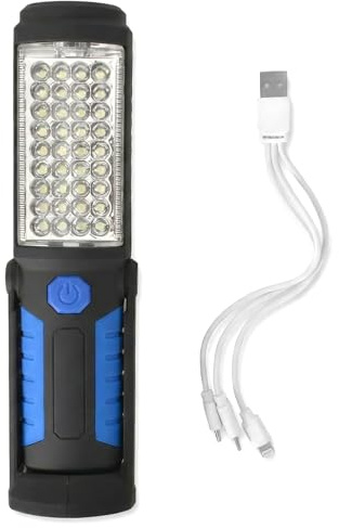 Torcia LED Ricaricabile da Lavoro 200 Lumen, 36+5 LED, Magnetico con Gancio 360°, 2 Modalità di Illuminazione, Base Regolabile 180°, USB – Ideale per Officina, Meccanico, Campeggio, Emergenze