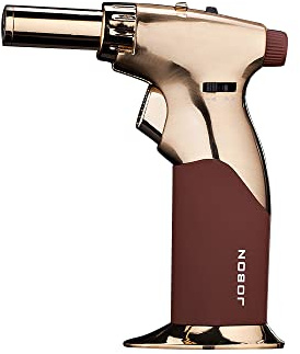 JOBON Torch Lighter, Double Flames Refillable Culinary Lighter with Continuous Flame Lock and Adjustable Flame (Butane Gas Not Included) (Gold Metal - Brown)