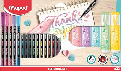Maped Rotuladores Punta Fina SET LETTERING 22PZAS - Ideal para Lettering y Mandalas - Estuche Completo de Colores
