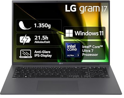 LG gram 17 Zoll Notebook - 1350g Intel Core Ultra7 Laptop (32GB RAM, 2TB Dual SSD, 21,5h Akkulaufzeit, IPS Panel Anti-Glare Display, Win 11 Home, 2024) - Grau